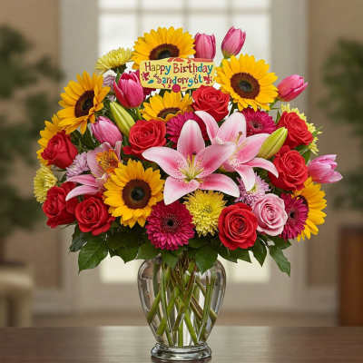 Mixed bouquet of sunflowers, roses, lilies, and tulips in a glass vase