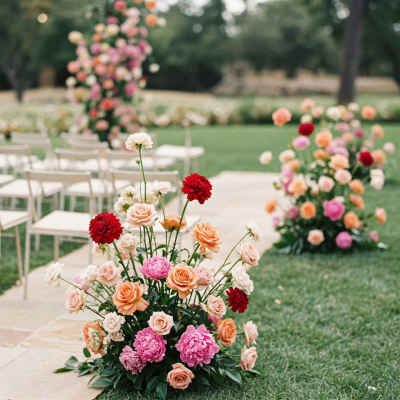 Low floral arrangement with pink, peach, and red blooms on grass