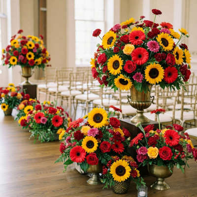 Bright floral arrangements with sunflowers, roses, and gerbera daisies in gold vases