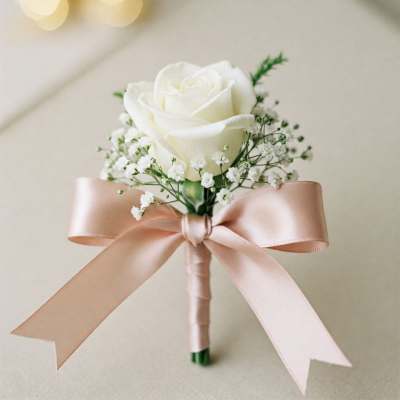 White rose boutonniere with baby's breath and a blush ribbon bow
