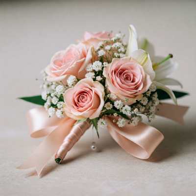 Blush rose bouquet with baby's breath and satin ribbon