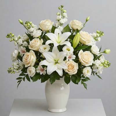 White roses and lilies arranged in a white vase