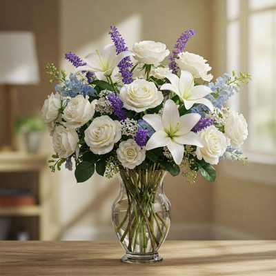 White roses and lilies in a clear glass vase with purple accents