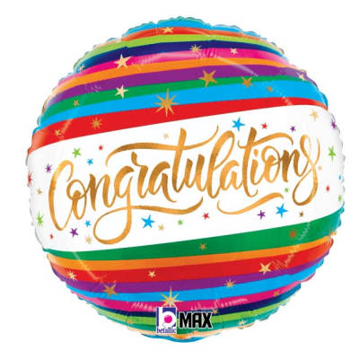 Round foil balloon with colorful stripes and gold Congratulations text with star accents