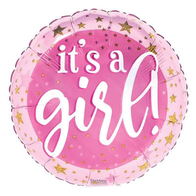 Round pink foil balloon with 'it's a girl!' text and gold star accents