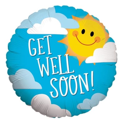 Round blue Get Well Soon balloon with smiling sun and clouds