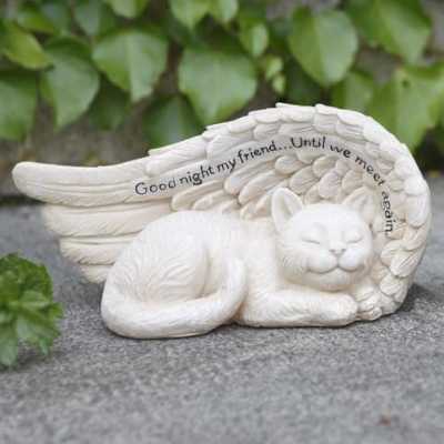 Ivory cat angel memorial figurine with a sleeping cat cradled by a wing with the words Good night my friend... Until we meet again