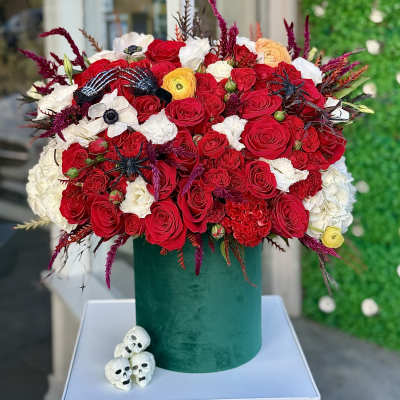 Large red and white rose arrangement in a green velvet box with small skull decorations