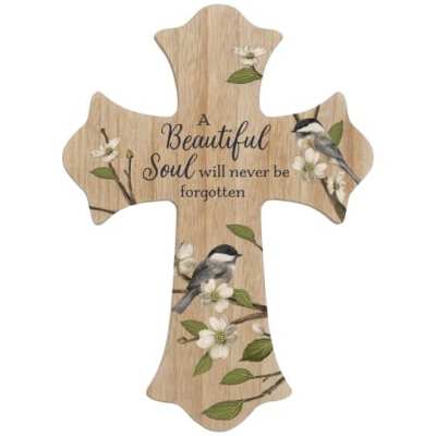 Wooden cross plaque with birds on flowering branches and the words 'A Beautiful Soul will never be forgotten'.