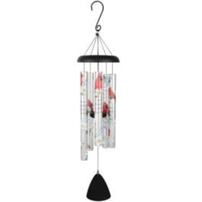 Hanging metal wind chime with red cardinal bird design and black hook and sail