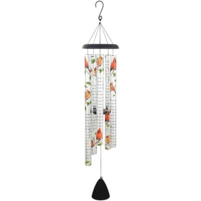 Decorative wind chime with cardinal birds and script text on white tubes