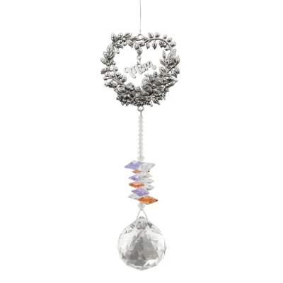 Hanging silver heart mom ornament with floral design and faceted crystal suncatcher.