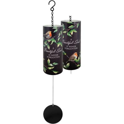 Pair of black cylindrical memorial wind chimes with bird and leaf design and hanging disc sail