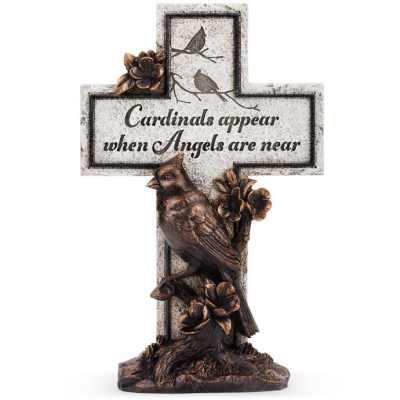 Stone-look cross with bronze cardinal and flowers and the phrase 'Cardinals appear when Angels are near'.
