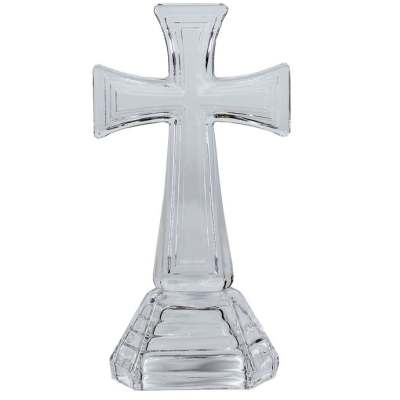 Clear glass cross figurine with a faceted base