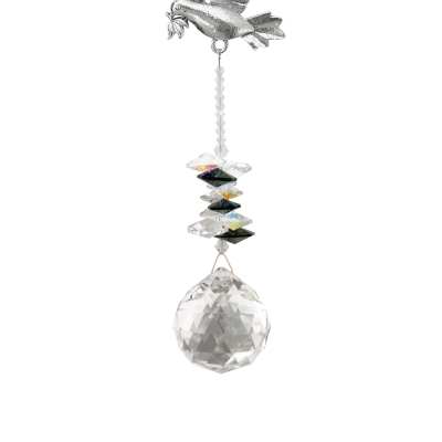 Hanging crystal sun catcher with silver dove and faceted clear prism ball