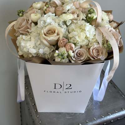Blush roses and white hydrangeas in a white box with ribbon