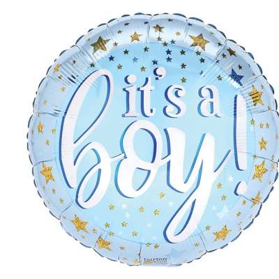 Round blue foil balloon with the words "it’s a boy!" and gold star accents