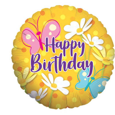 Round yellow birthday balloon with daisies, butterflies, and Happy Birthday text.