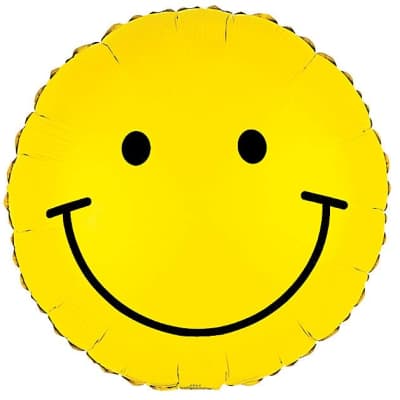 Round yellow foil balloon with a large black smiley face design