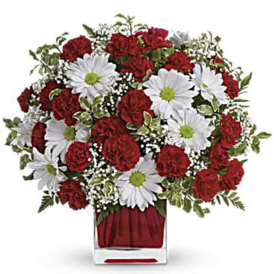 Red carnations and white daisies in a clear square vase