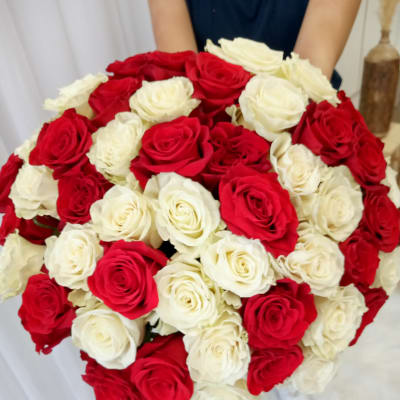 Large bouquet of red and white roses held by a person