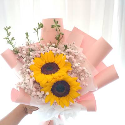 Bouquet of two sunflowers with pink baby's breath wrapping