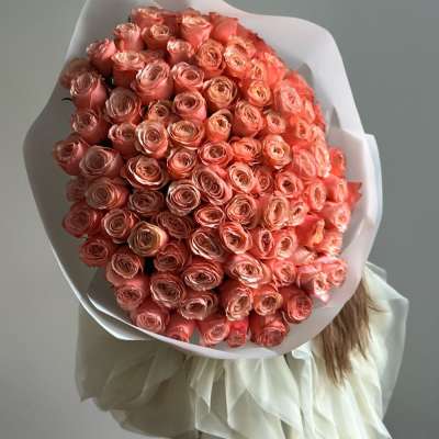 Large bouquet of peach-pink roses wrapped in white paper
