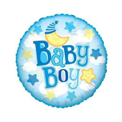 Round blue foil balloon with “Baby Boy” text, moon in a nightcap, and scattered stars and clouds.
