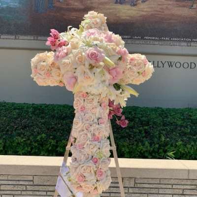 Heavenly Pink & White Rose Cross Funeral Tribute