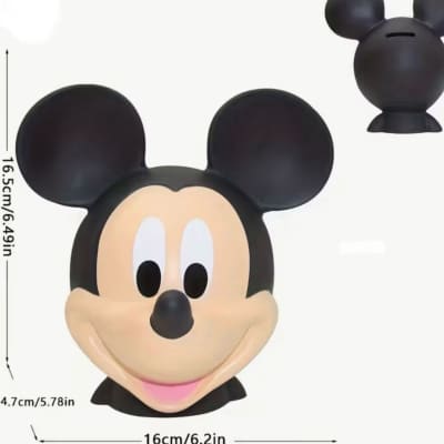 Mickey Mouse-shaped black and beige decorative object with dimensions shown