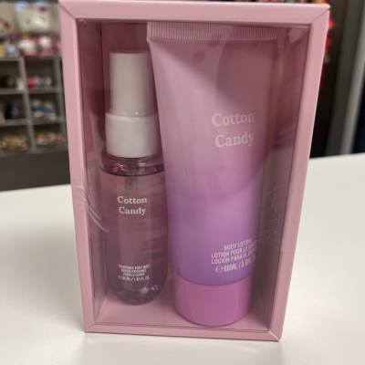 Pink gift set with body mist and lotion in a box