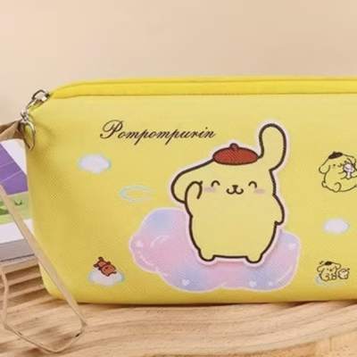 Yellow cartoon pouch with a strap and small character prints