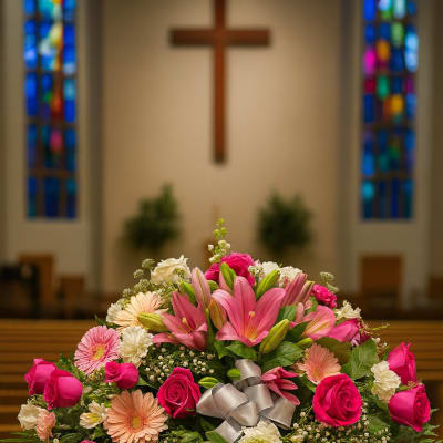 Pink and white floral arrangement with lilies and roses in a church