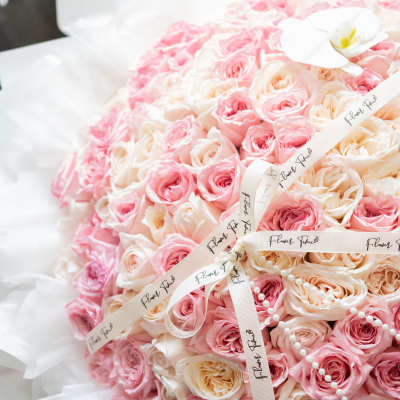 Large bouquet of pink and cream roses wrapped in white paper with ribbon