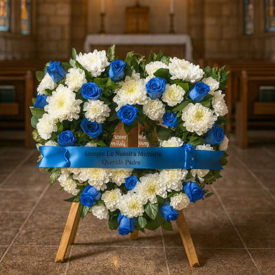 Blue and white floral funeral wreath on a stand in a church