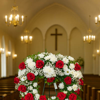 Heart-shaped floral wreath of red roses and white flowers on an easel