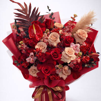 Bouquet of red and blush roses with red wrapping and ribbon