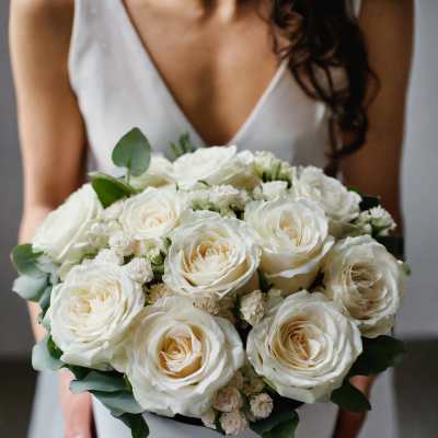 Bride holding a bouquet of white roses with greenery