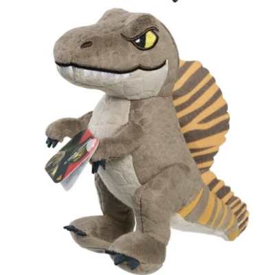 Plush dinosaur toy with striped back and a tag