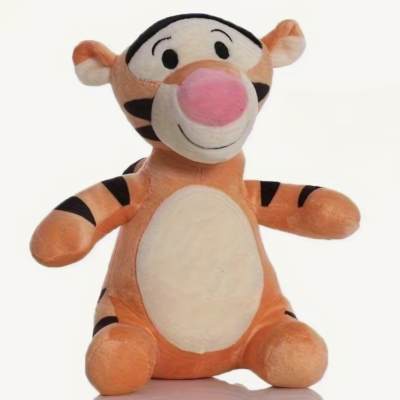 Plush Tigger stuffed animal sitting upright on a white background