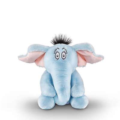 Blue plush elephant toy with pink ears and embroidered eyes