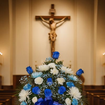 Blue and white floral arrangement with a ribbon in a church