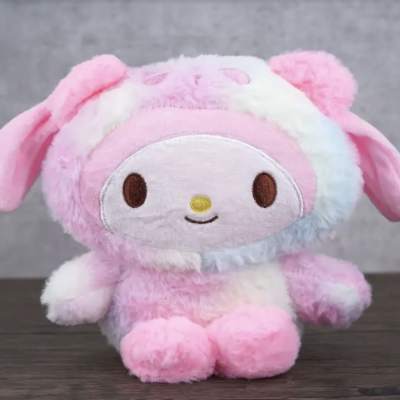 Pink and white plush bunny character toy with floppy ears