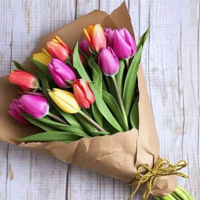 Bouquet of multicolored tulips wrapped in brown paper