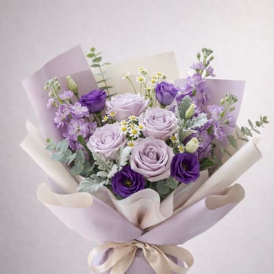 Lavender and purple bouquet of roses and small filler flowers wrapped in pastel paper