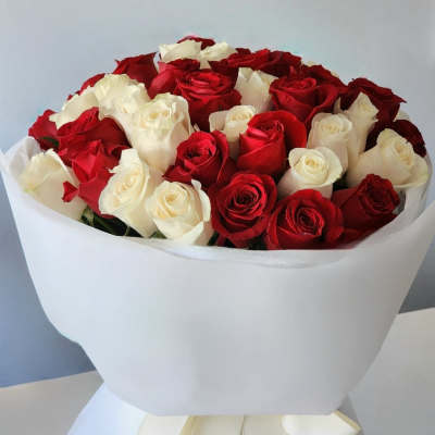 Bouquet of red and white roses wrapped in white paper