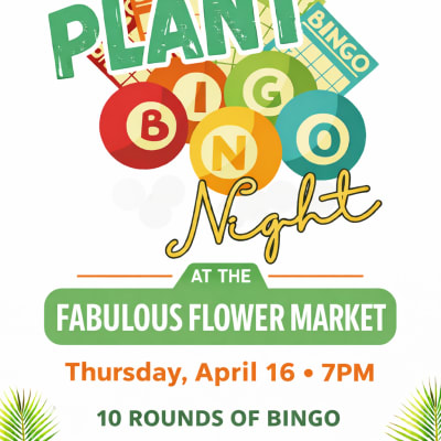 Colorful Plant Bingo Night event flyer with bingo cards and tropical leaves framing the design.