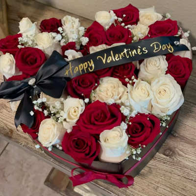 Heart-shaped arrangement of 36 roses, red and white roses, with baby's breath.