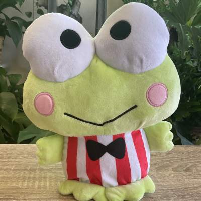 Plush frog toy with a red-and-white striped outfit and bow tie